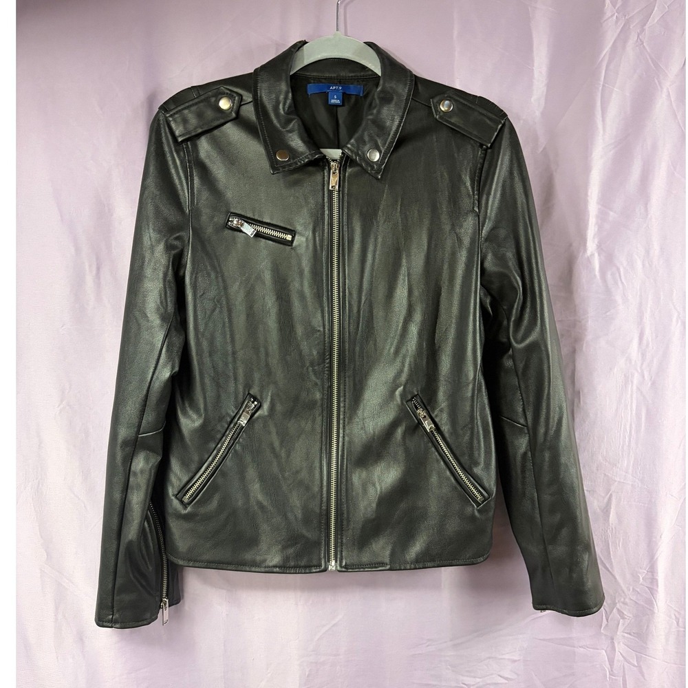 Apt. 9 Black Faux Leather Moto Biker Jacket Women Small Full Zip Silver Hardware